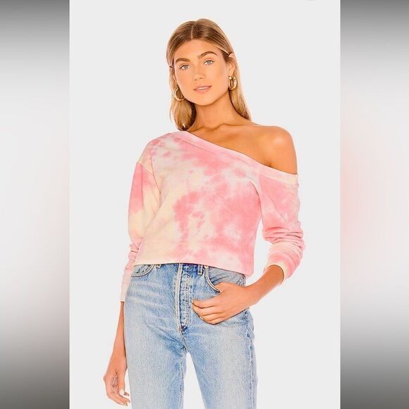 Superdown Ashtyn Off Shoulder Sweatshirt in Pink and yellow Tie Dye - Picture 1 of 10